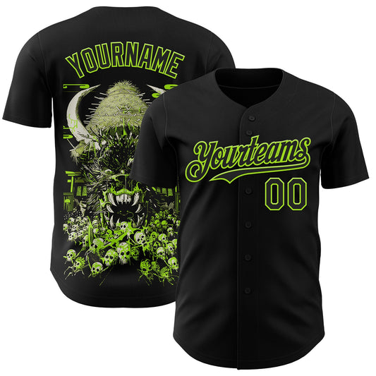 Custom Black-Neon Green Trippy Neon Monster Skull Authentic Baseball Jersey - Main View