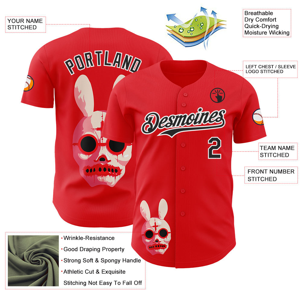 Custom Red Black-White Trippy Horror Bunny Skull Authentic Baseball Jersey view 3