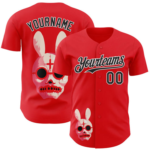Custom Red Black-White Trippy Horror Bunny Skull Authentic Baseball Jersey - Main View