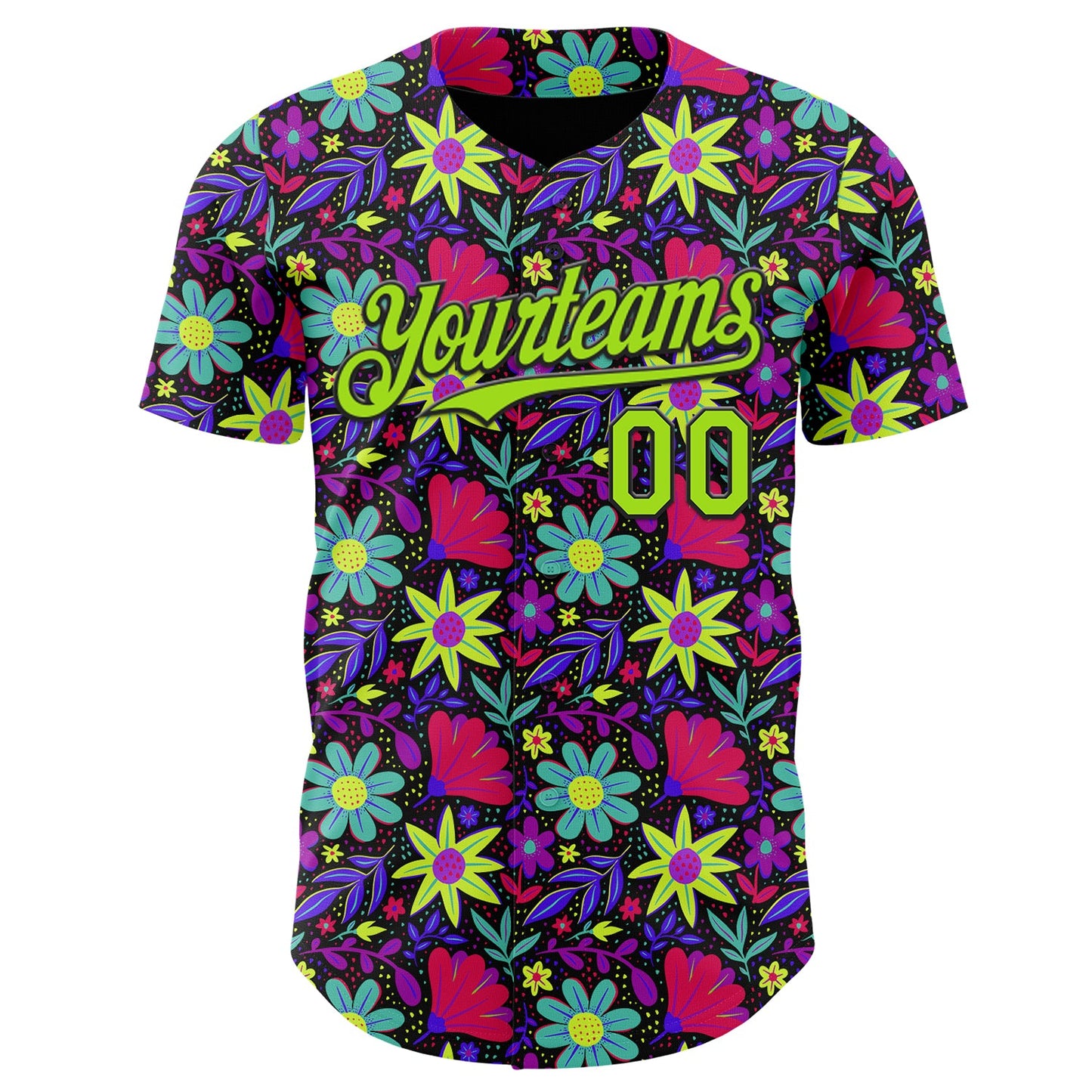 Custom Black-Neon Green Psychedelic Trippy Flower Authentic Baseball Jersey view 2