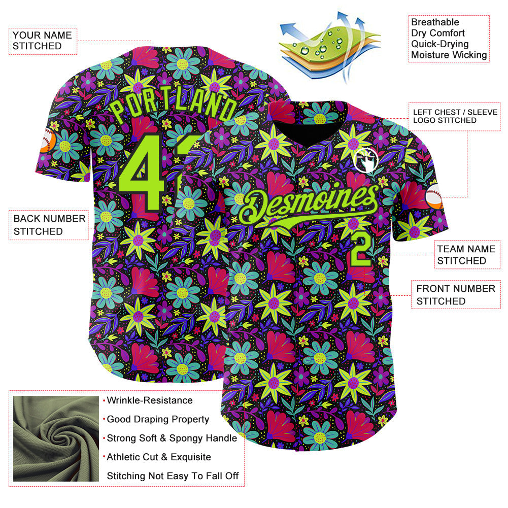 Custom Black-Neon Green Psychedelic Trippy Flower Authentic Baseball Jersey view 3