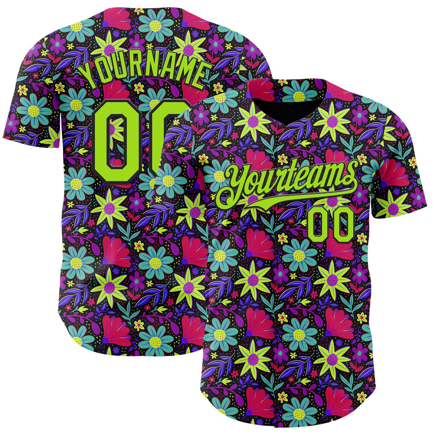 Custom Black-Neon Green Psychedelic Trippy Flower Authentic Baseball Jersey - Main View