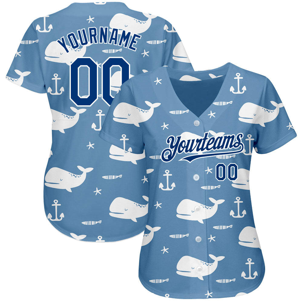 Custom Light Blue US Navy Blue-White 3D Pattern Design Whale Authentic Baseball Jersey view 2