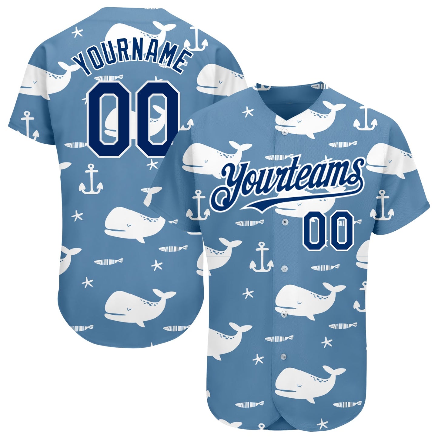 Custom Light Blue US Navy Blue-White 3D Pattern Design Whale Authentic Baseball Jersey - Main View