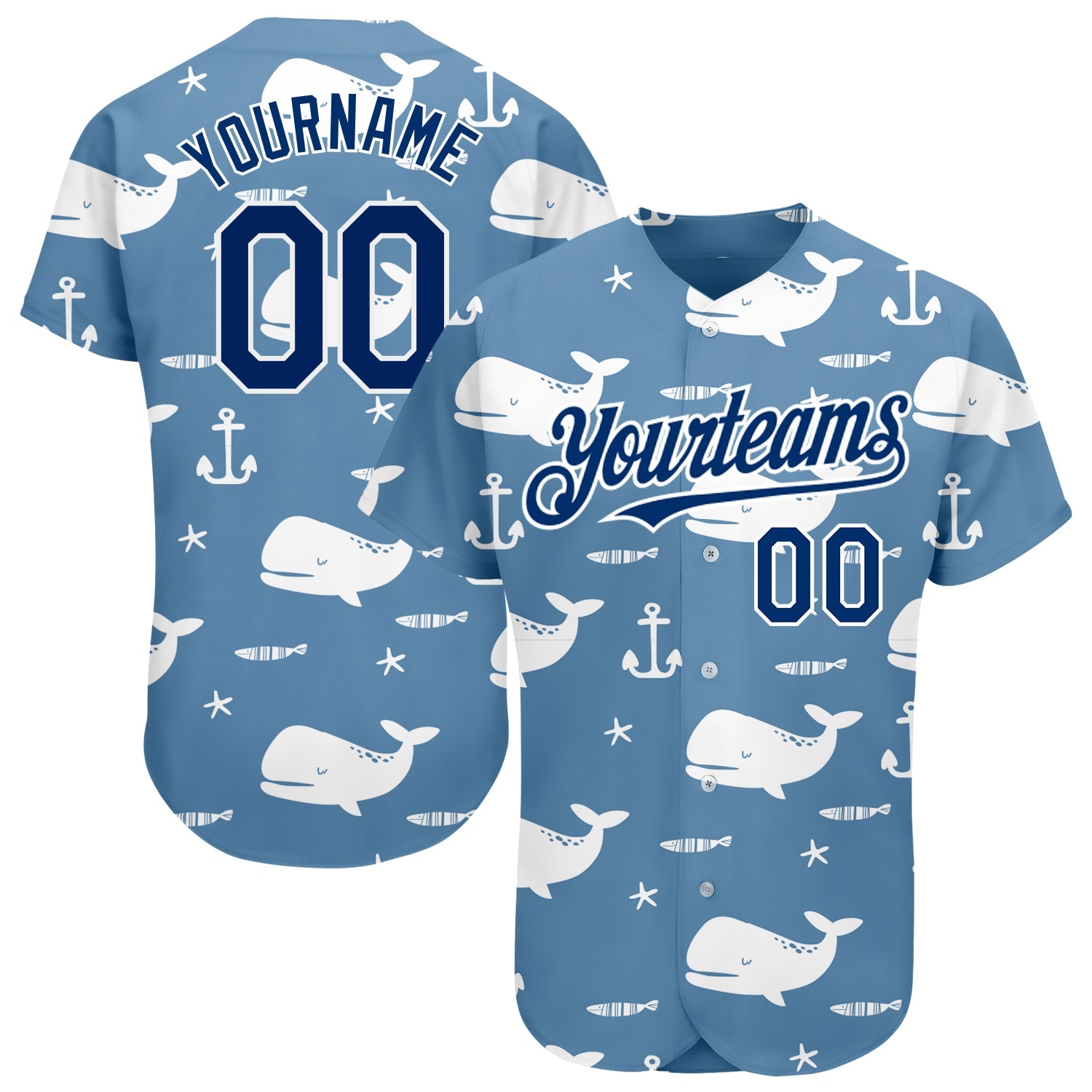 Custom Light Blue US Navy Blue-White 3D Pattern Design Whale Authentic Baseball Jersey - Main View