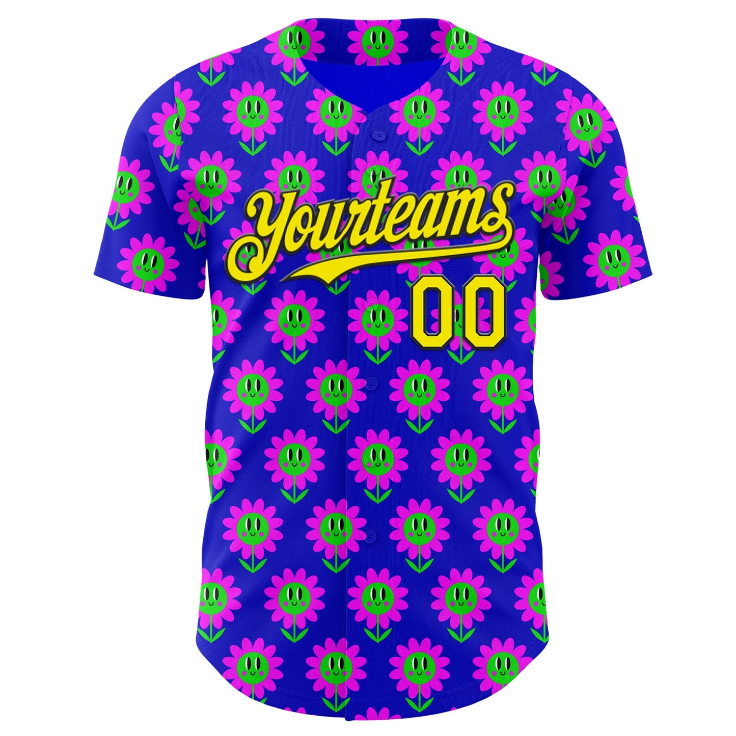 Custom Blue Light Yellow-Black Psychedelic Trippy Flower Authentic Baseball Jersey view 2