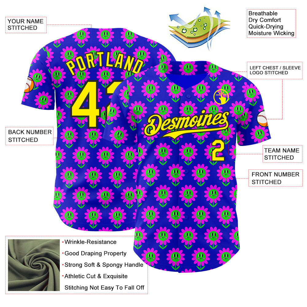 Custom Blue Light Yellow-Black Psychedelic Trippy Flower Authentic Baseball Jersey view 3