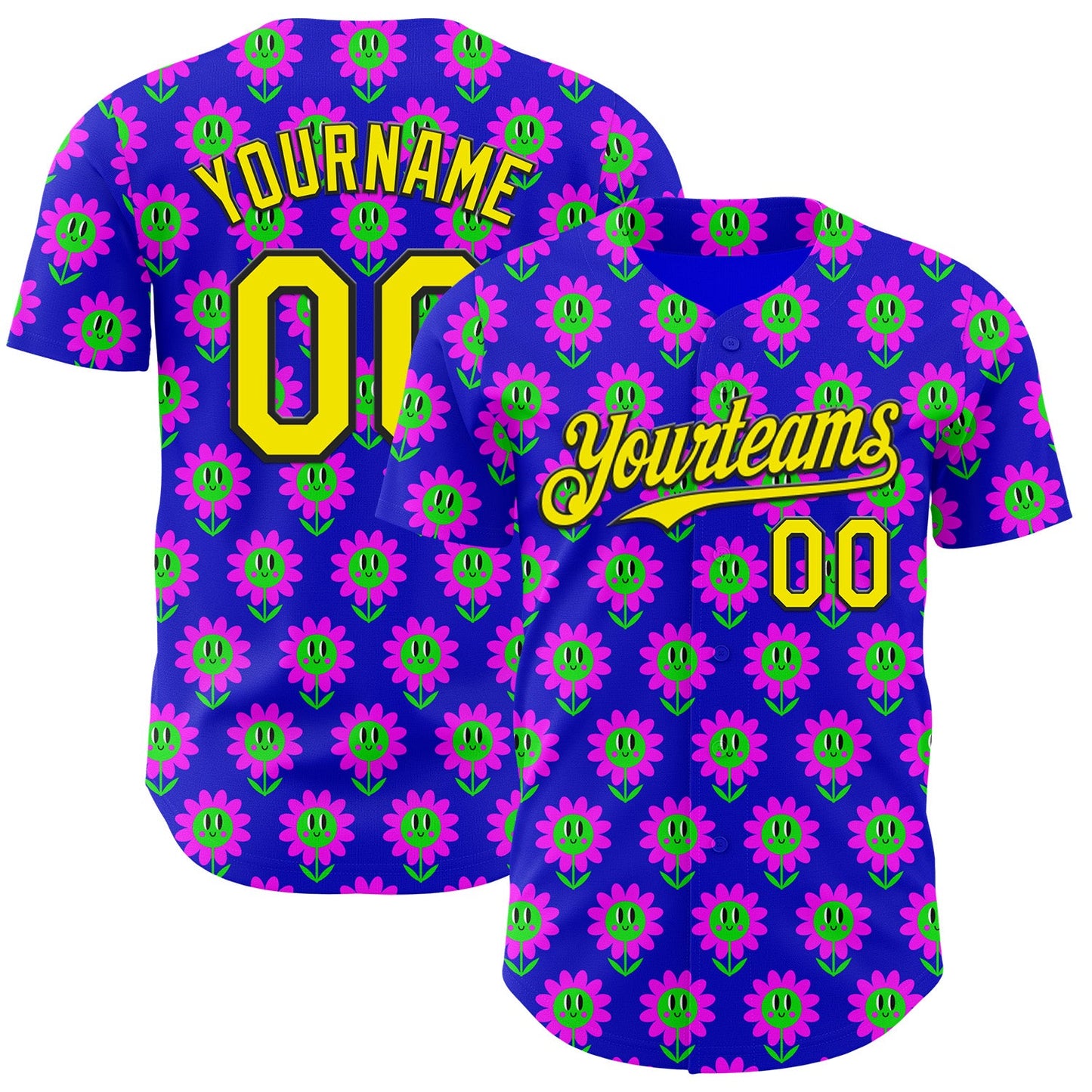 Custom Blue Light Yellow-Black Psychedelic Trippy Flower Authentic Baseball Jersey - Main View