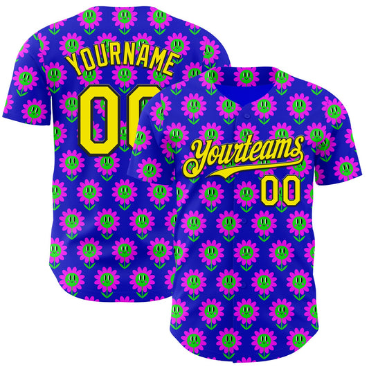 Custom Blue Light Yellow-Black Psychedelic Trippy Flower Authentic Baseball Jersey - Main View