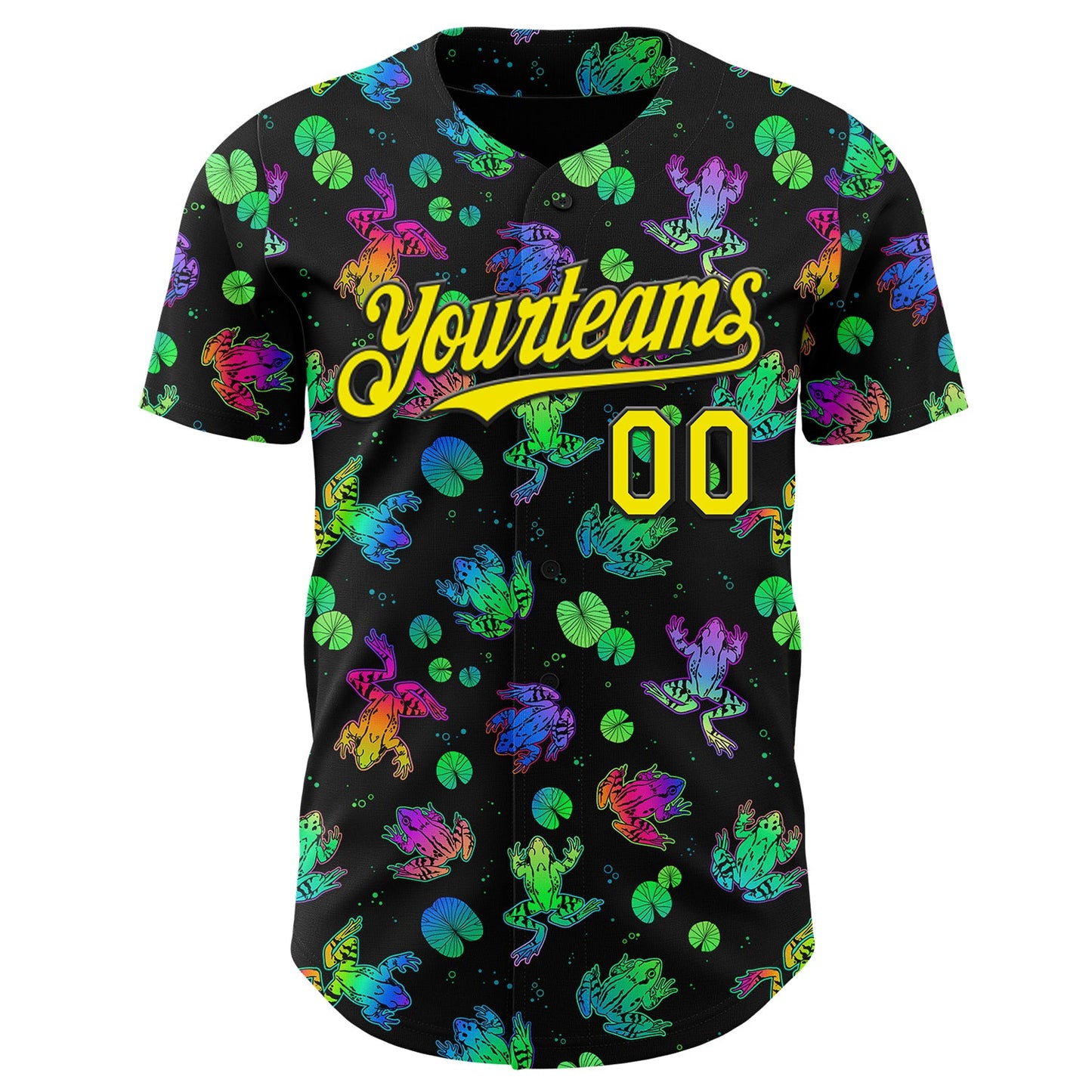 Custom Black-Light Yellow Psychedelic Trippy Frog Authentic Baseball Jersey view 2