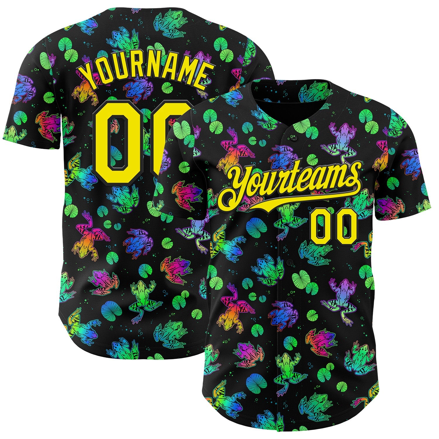 Custom Black-Light Yellow Psychedelic Trippy Frog Authentic Baseball Jersey - Main View