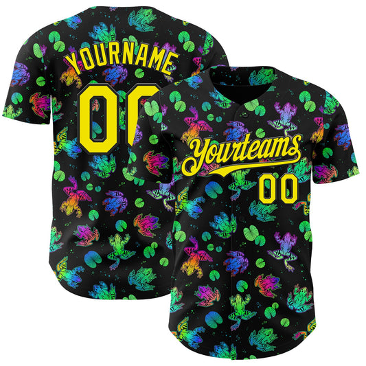 Custom Black-Light Yellow Psychedelic Trippy Frog Authentic Baseball Jersey - Main View