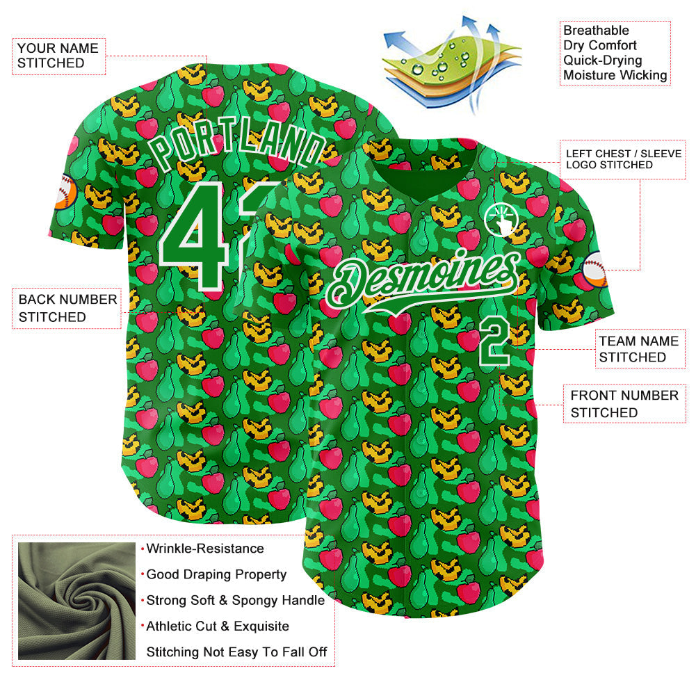 Custom Grass Green-White Psychedelic Trippy Fruit Authentic Baseball Jersey view 3