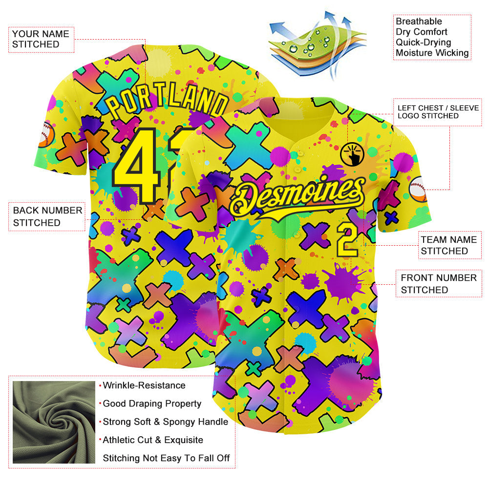 Custom Light Yellow-Black Psychedelic Trippy Graffiti Splatter Authentic Baseball Jersey view 3