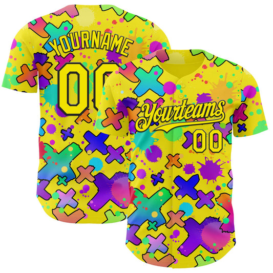 Custom Light Yellow-Black Psychedelic Trippy Graffiti Splatter Authentic Baseball Jersey - Main View