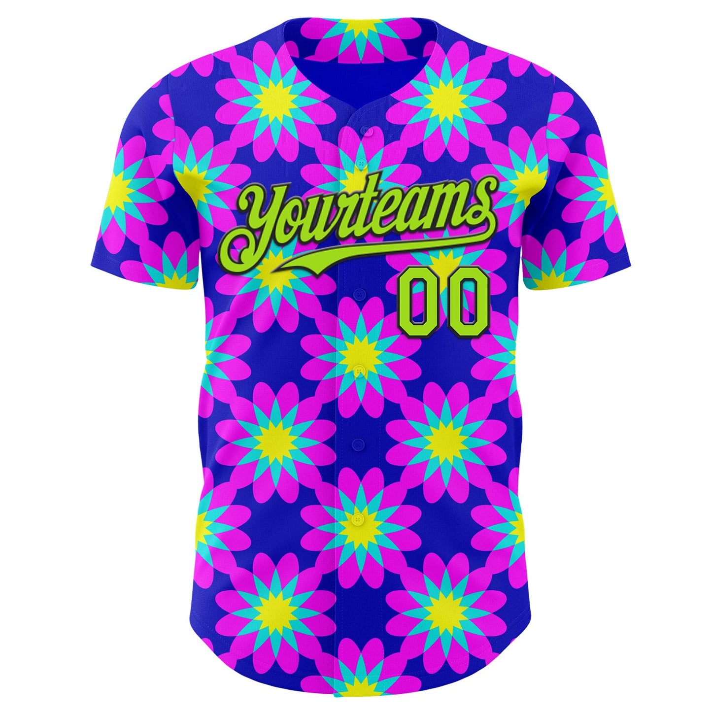 Custom Blue Neon Green-Black Psychedelic Trippy Flower Authentic Baseball Jersey view 2