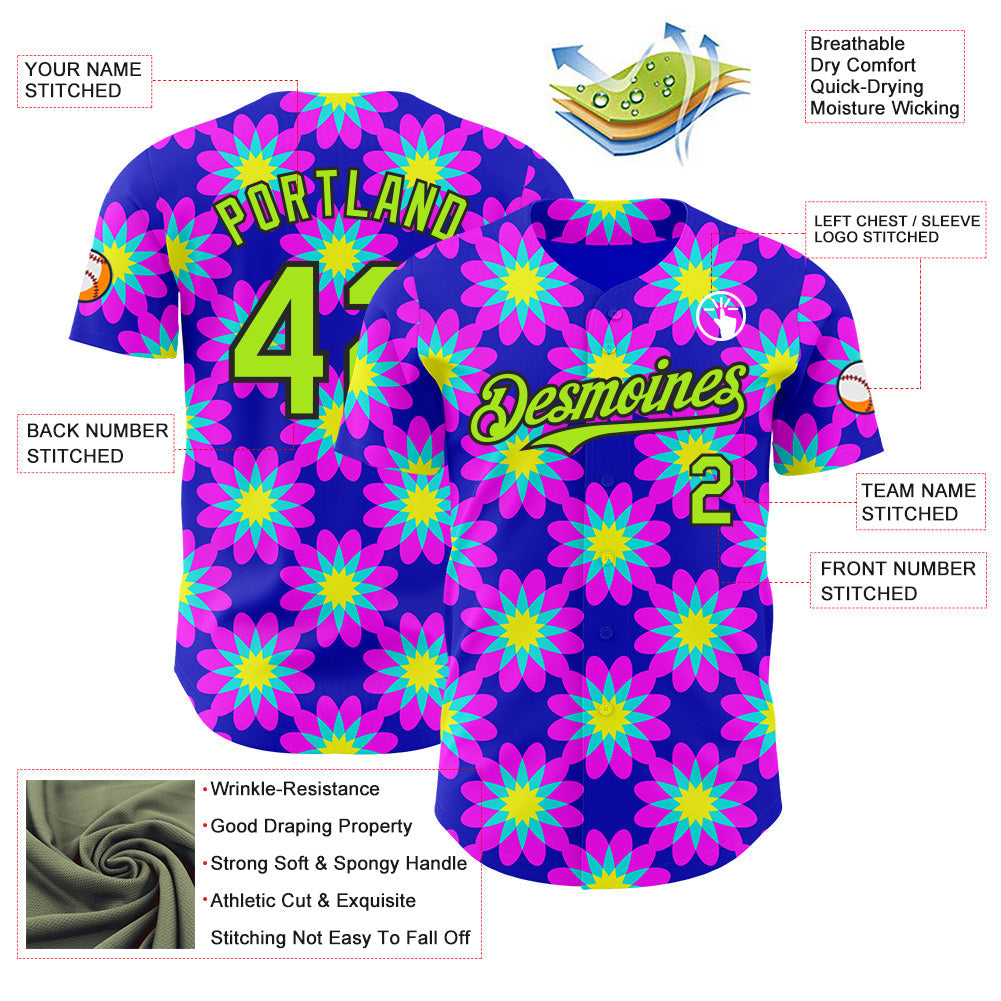 Custom Blue Neon Green-Black Psychedelic Trippy Flower Authentic Baseball Jersey view 3