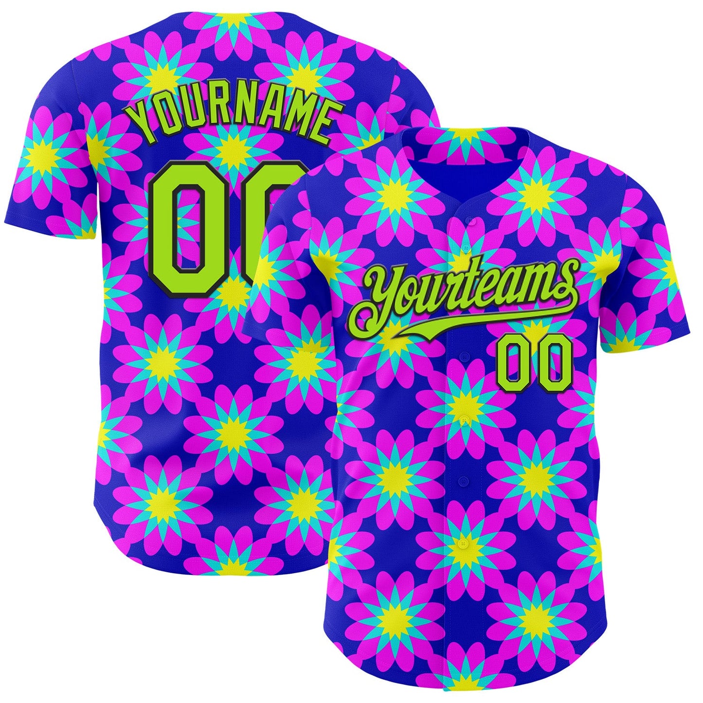 Custom Blue Neon Green-Black Psychedelic Trippy Flower Authentic Baseball Jersey - Main View