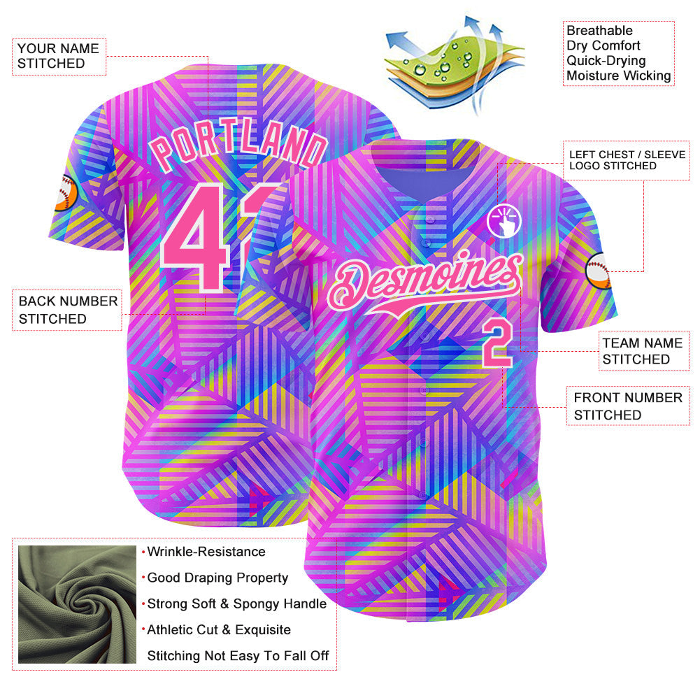 Custom Purple Pink-White Psychedelic Trippy Neon Geometric Authentic Baseball Jersey view 3