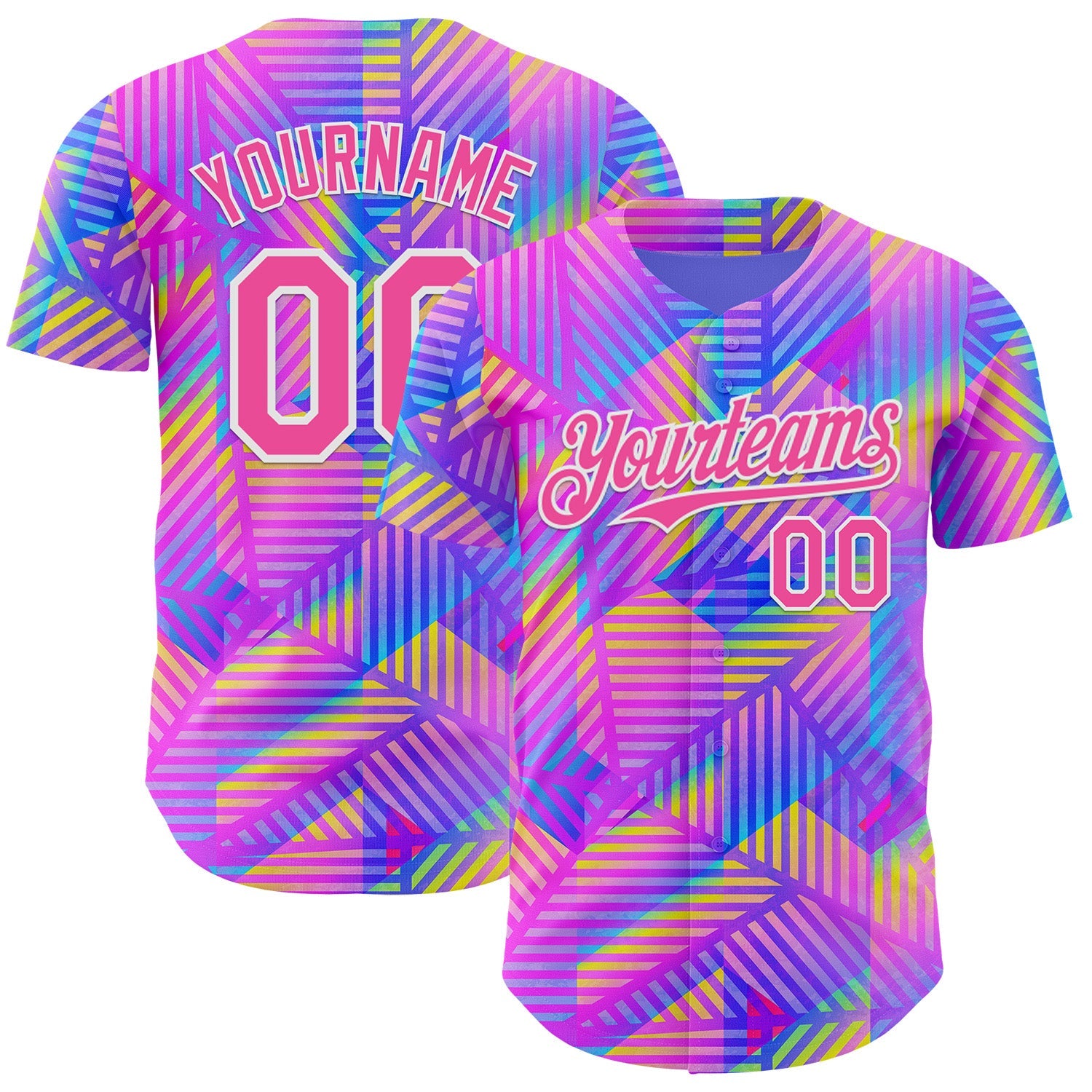Custom Purple Pink-White Psychedelic Trippy Neon Geometric Authentic Baseball Jersey - Main View