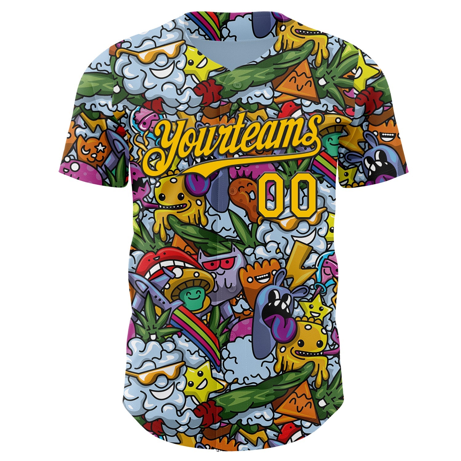 Custom Blue Yellow-Black Psychedelic Trippy Graffiti Cartoon Authentic Baseball Jersey view 2