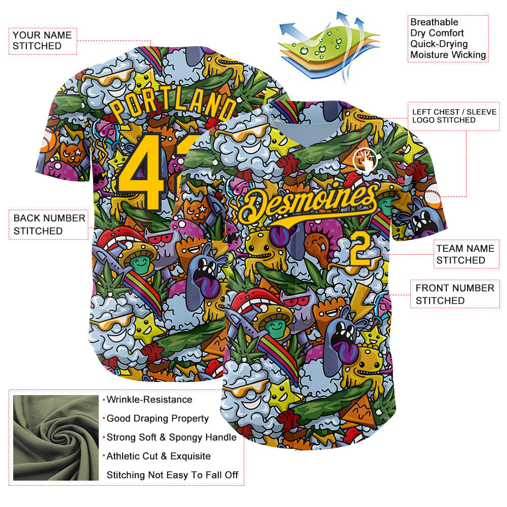 Custom Blue Yellow-Black Psychedelic Trippy Graffiti Cartoon Authentic Baseball Jersey view 3