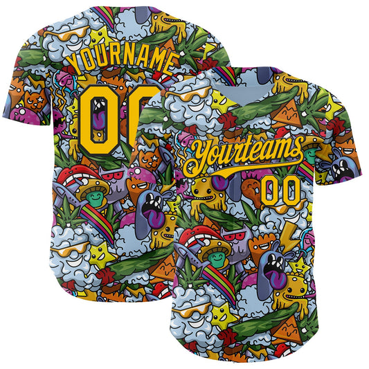 Custom Blue Yellow-Black Psychedelic Trippy Graffiti Cartoon Authentic Baseball Jersey - Main View