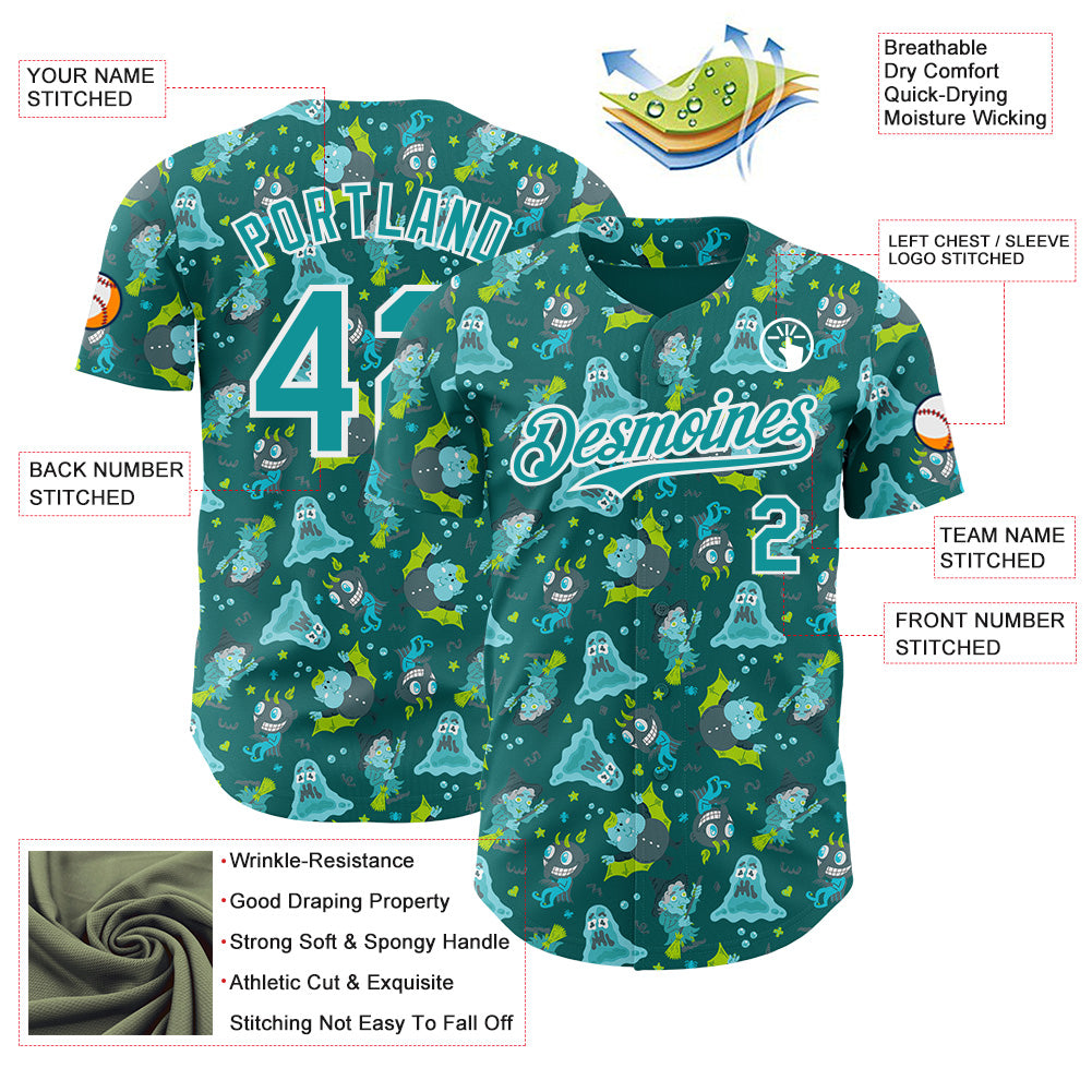 Custom Teal-White Psychedelic Trippy Monster Authentic Baseball Jersey view 3