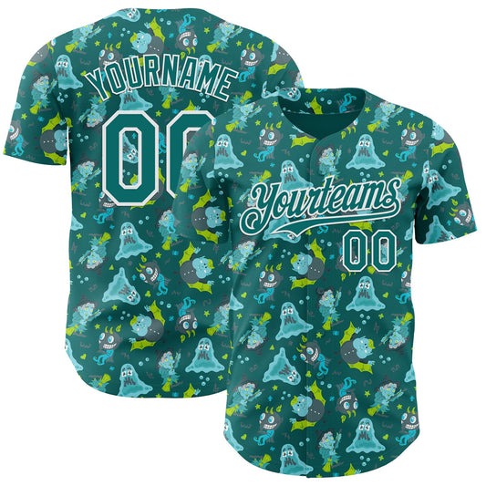 Custom Teal-White Psychedelic Trippy Monster Authentic Baseball Jersey - Main View