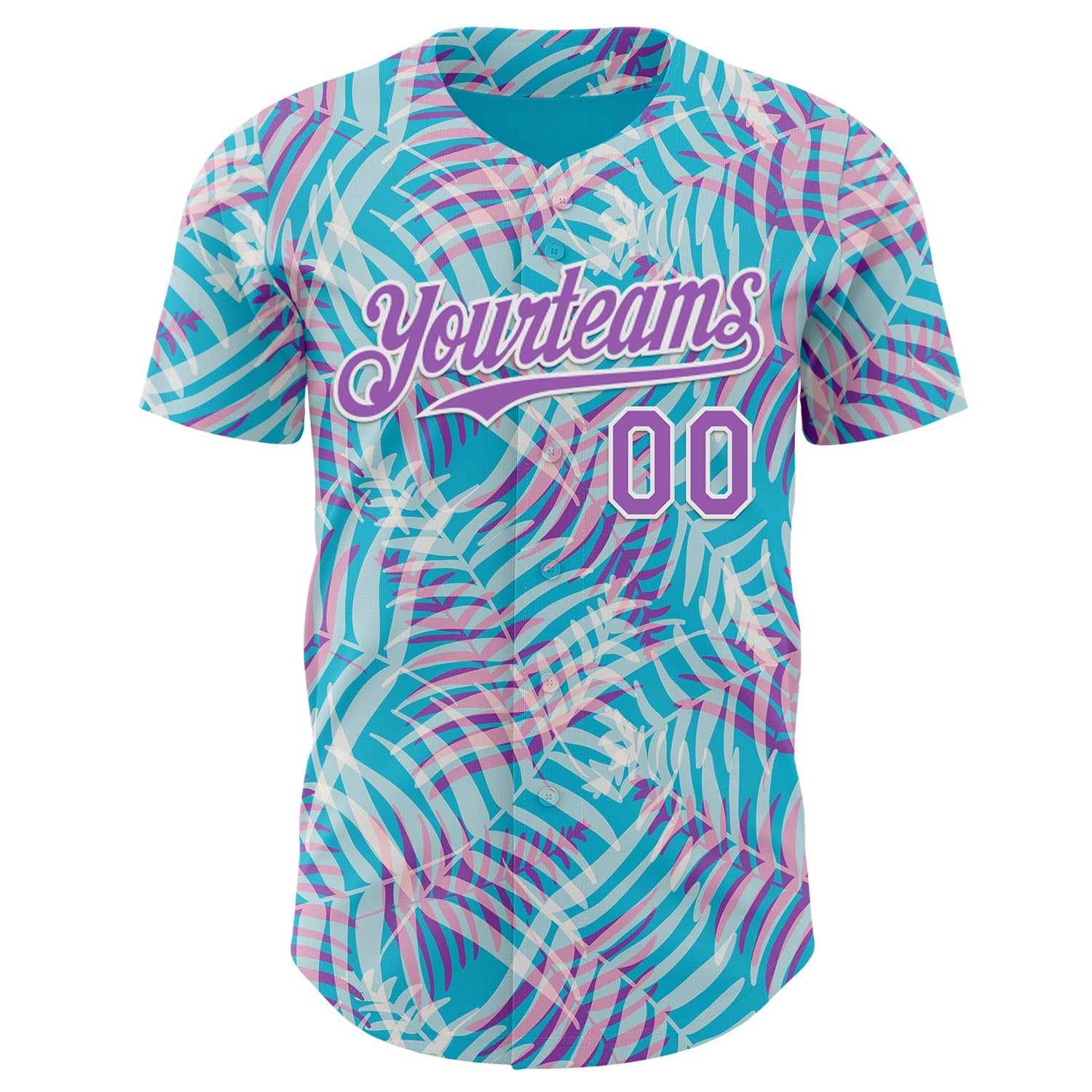 Custom Lakes Blue Medium Purple-White Psychedelic Trippy Tropical Leaves Authentic Baseball Jersey view 2