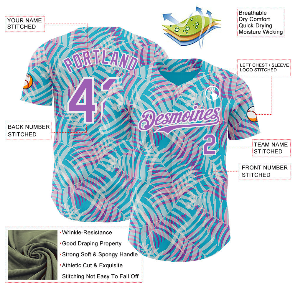 Custom Lakes Blue Medium Purple-White Psychedelic Trippy Tropical Leaves Authentic Baseball Jersey view 3