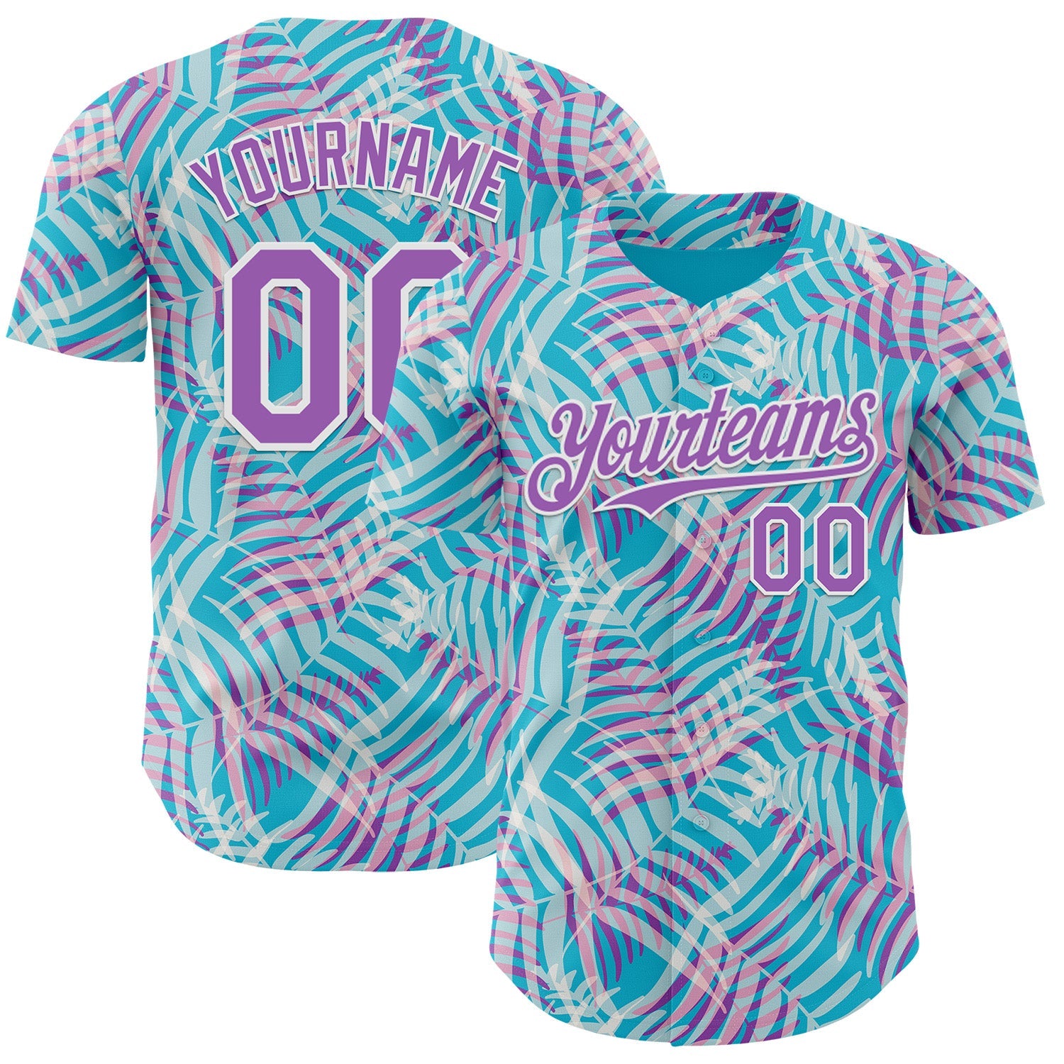 Custom Lakes Blue Medium Purple-White Psychedelic Trippy Tropical Leaves Authentic Baseball Jersey - Main View