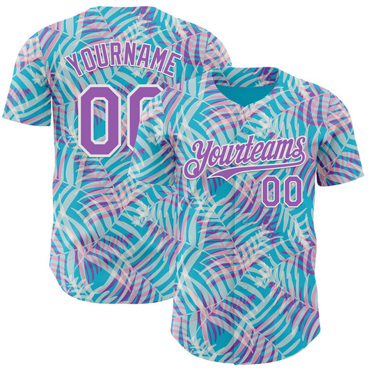 Custom Lakes Blue Medium Purple-White Psychedelic Trippy Tropical Leaves Authentic Baseball Jersey - Main View