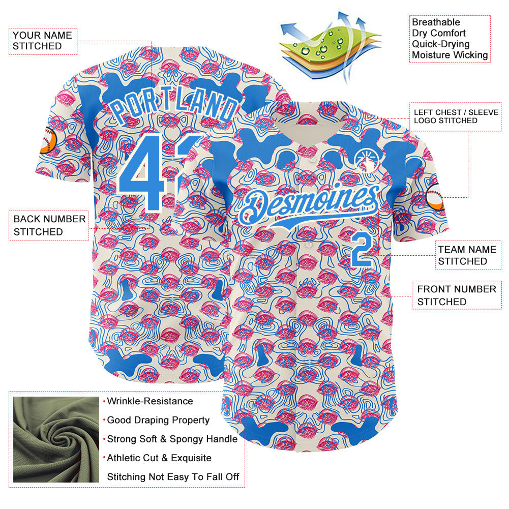 Custom Cream-Electric Blue Psychedelic Trippy Flow Line Authentic Baseball Jersey view 3