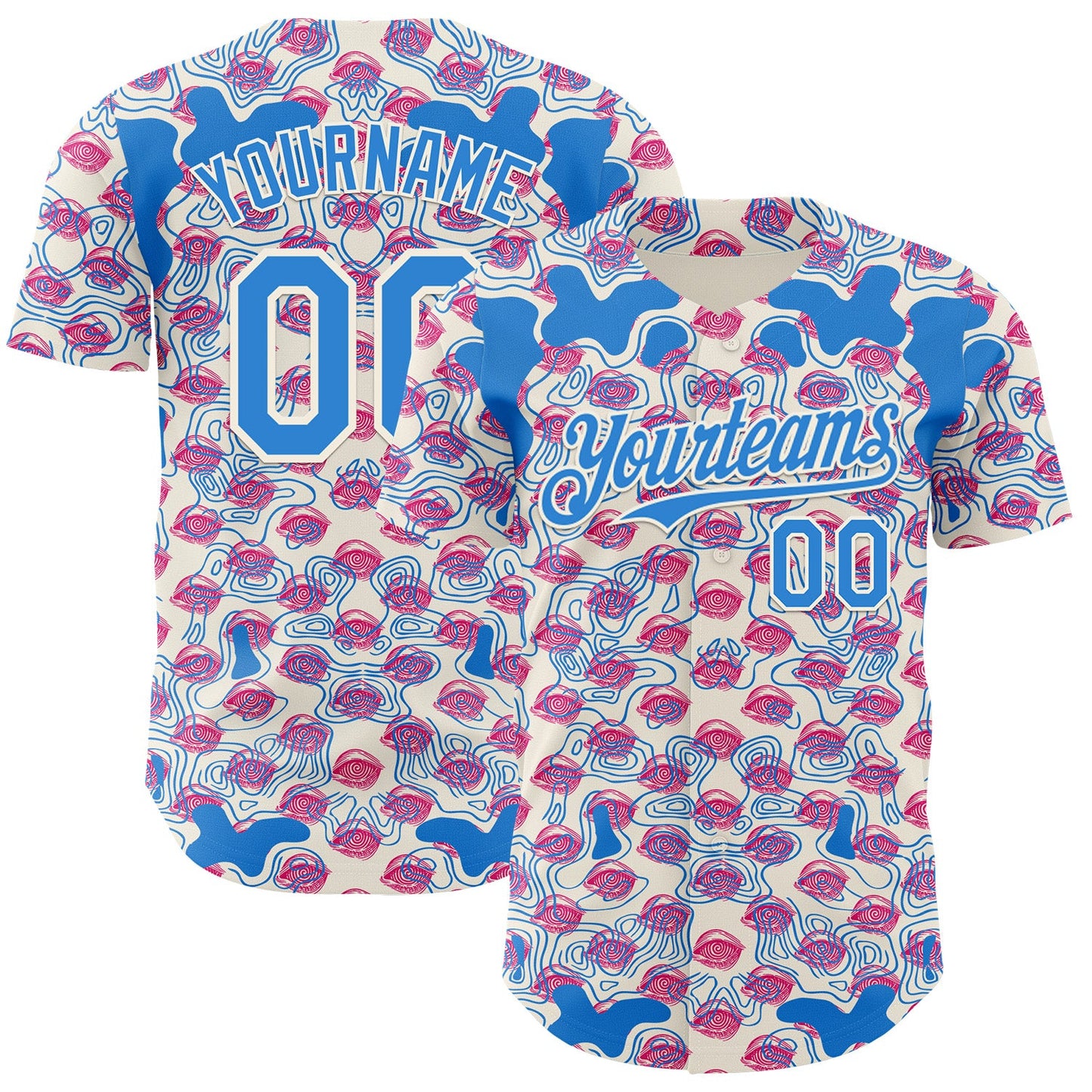 Custom Cream-Electric Blue Psychedelic Trippy Flow Line Authentic Baseball Jersey - Main View
