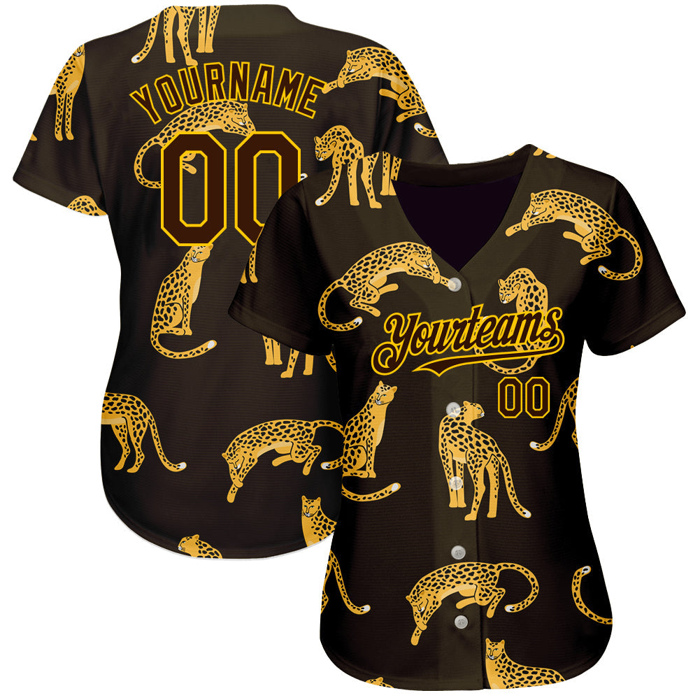 Custom Brown Yellow 3D Pattern Design Leopard Authentic Baseball Jersey view 2