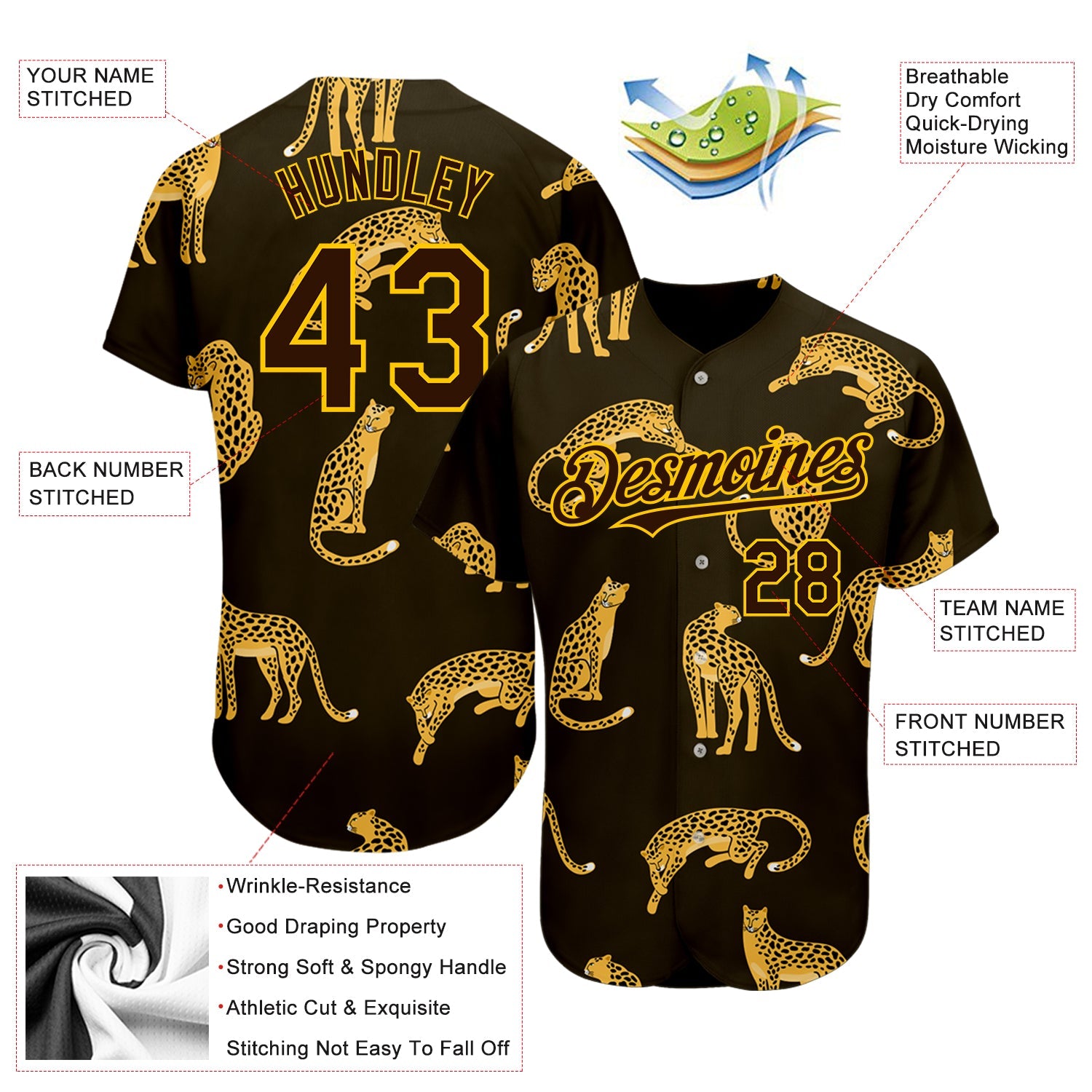 Custom Brown Yellow 3D Pattern Design Leopard Authentic Baseball Jersey view 3