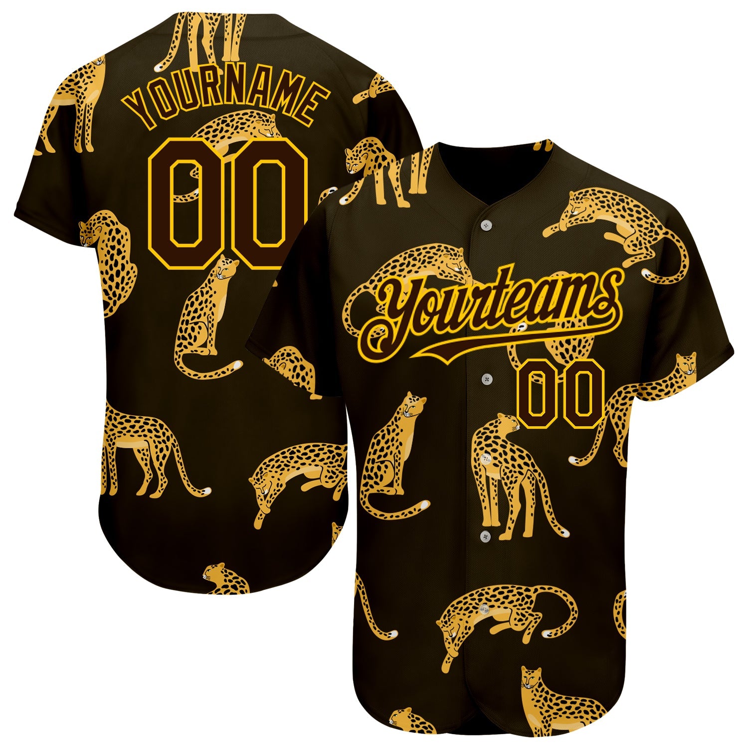 Custom Brown Yellow 3D Pattern Design Leopard Authentic Baseball Jersey - Main View