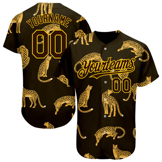 Custom Brown Yellow 3D Pattern Design Leopard Authentic Baseball Jersey - Main View