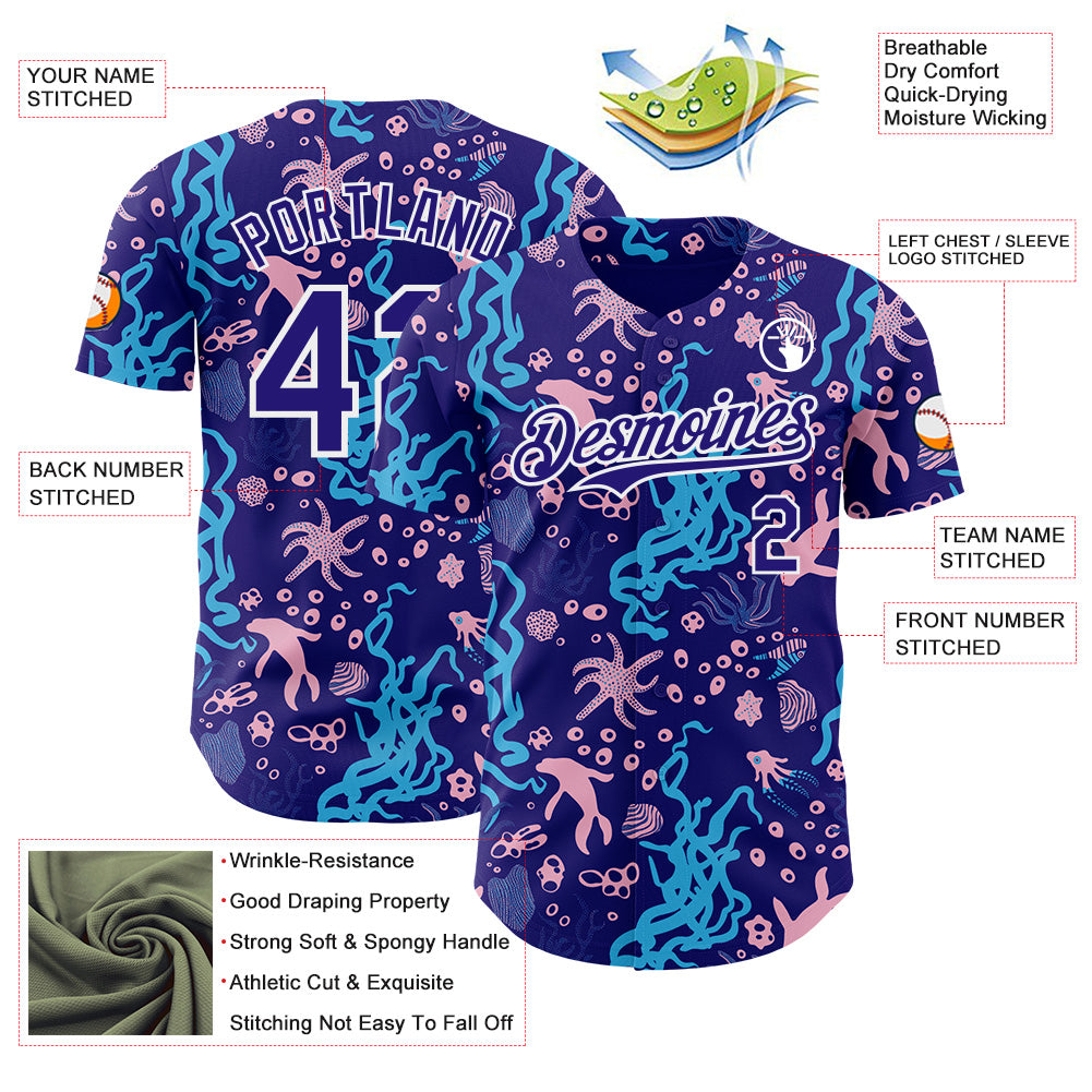 Custom Dark Purple-White Psychedelic Trippy Sea Life Authentic Baseball Jersey view 3