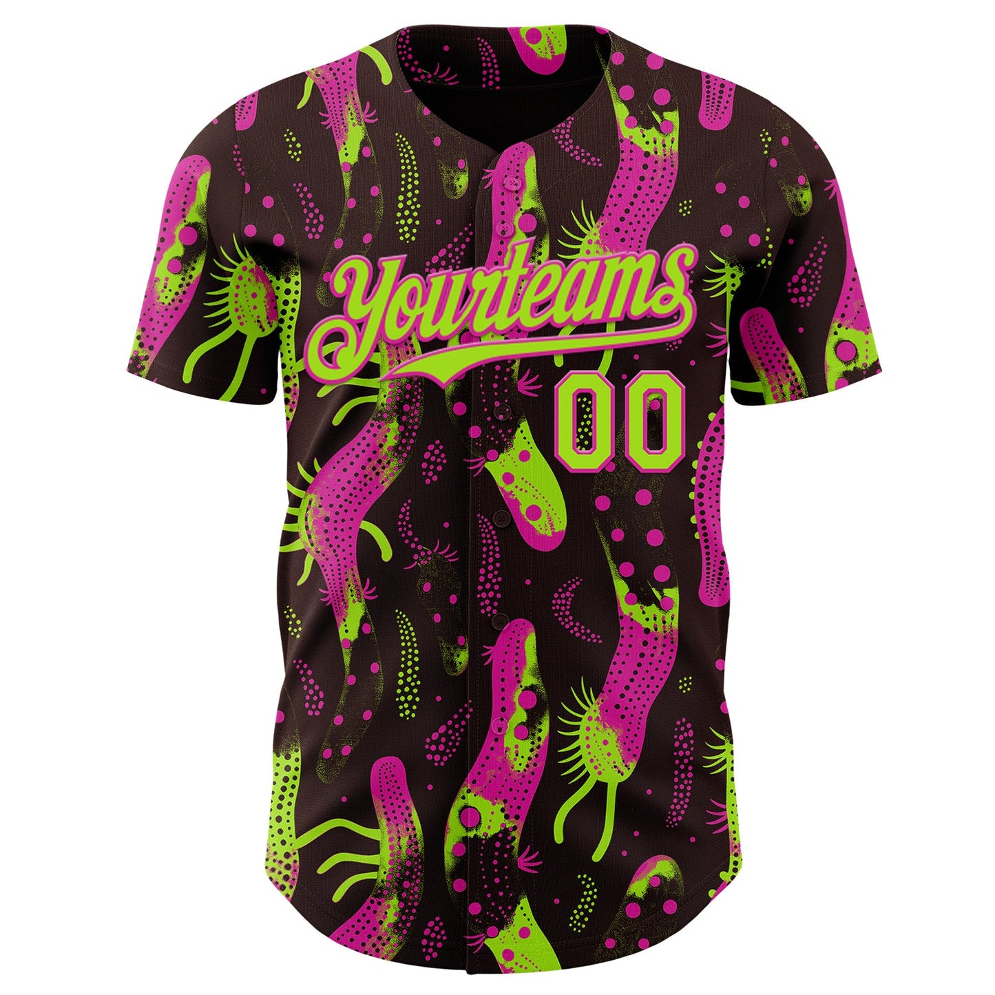 Custom Brown Neon Green-Deep Pink Psychedelic Trippy Sea Life Authentic Baseball Jersey view 2