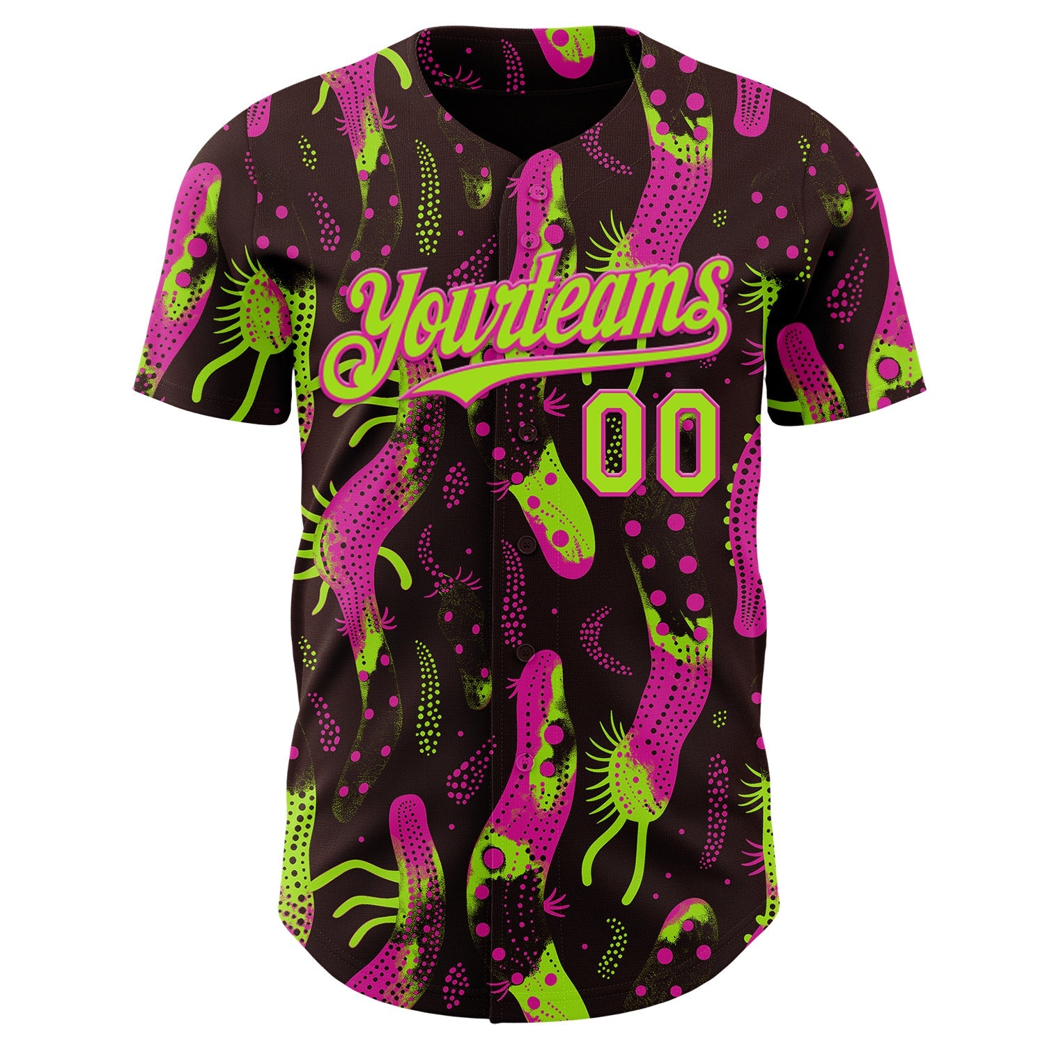 Custom Brown Neon Green-Deep Pink Psychedelic Trippy Sea Life Authentic Baseball Jersey view 2