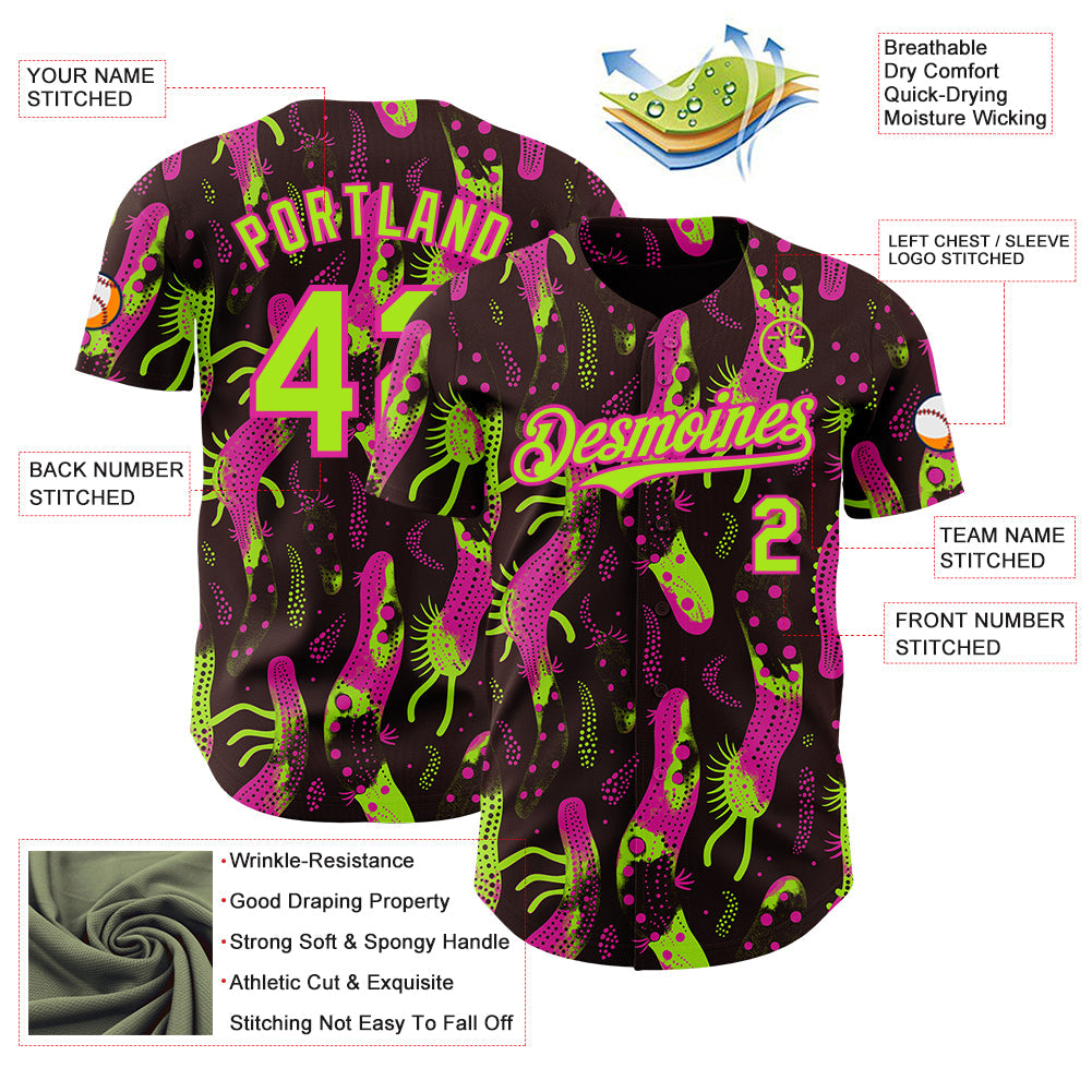 Custom Brown Neon Green-Deep Pink Psychedelic Trippy Sea Life Authentic Baseball Jersey view 3
