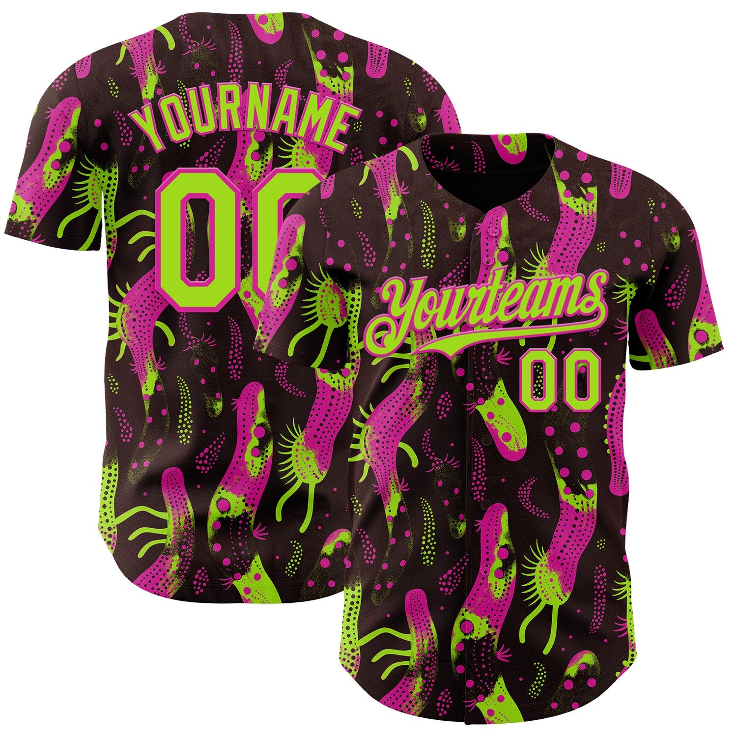 Custom Brown Neon Green-Deep Pink Psychedelic Trippy Sea Life Authentic Baseball Jersey - Main View