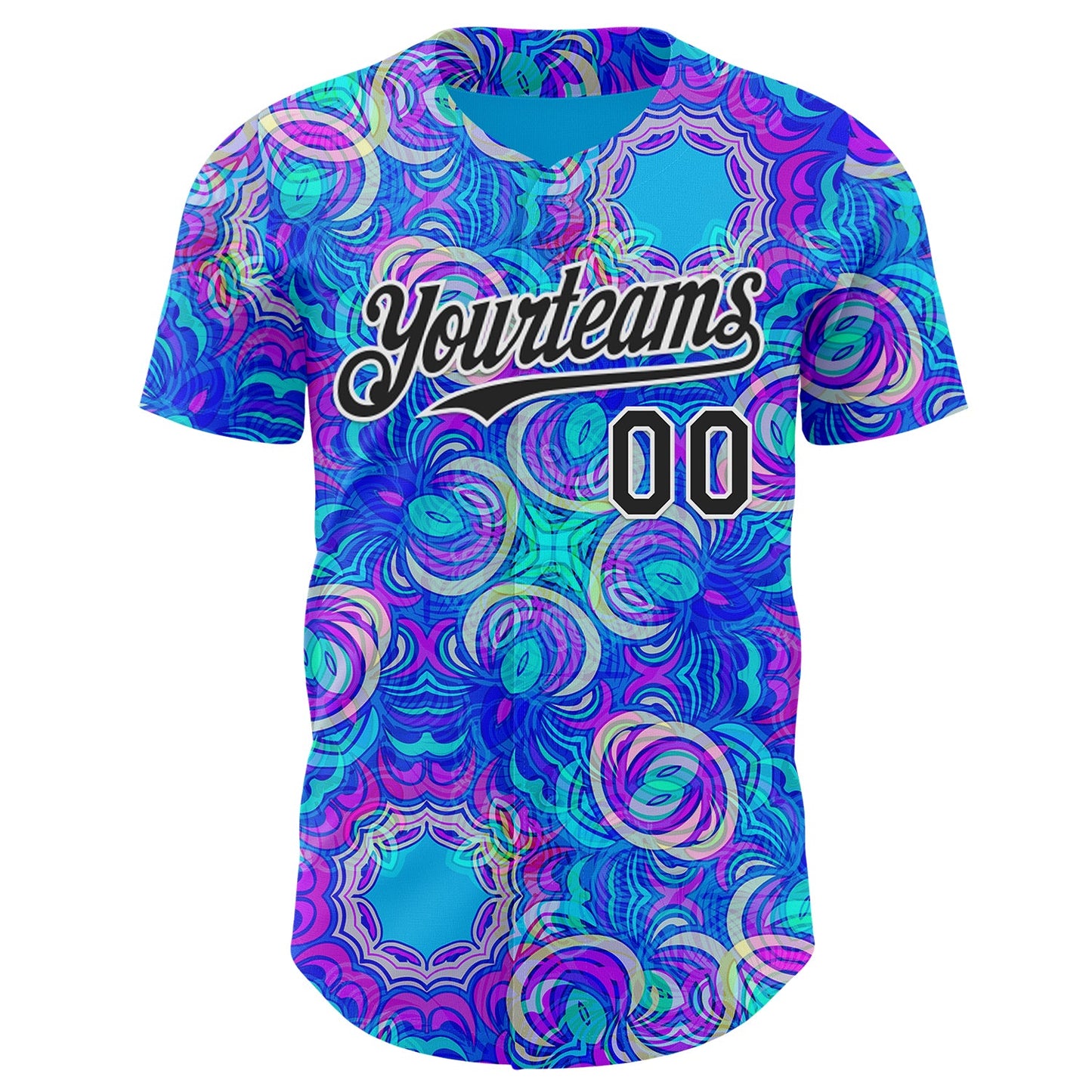 Custom Blue Black-White Psychedelic Trippy Neon Swirl Authentic Baseball Jersey view 2