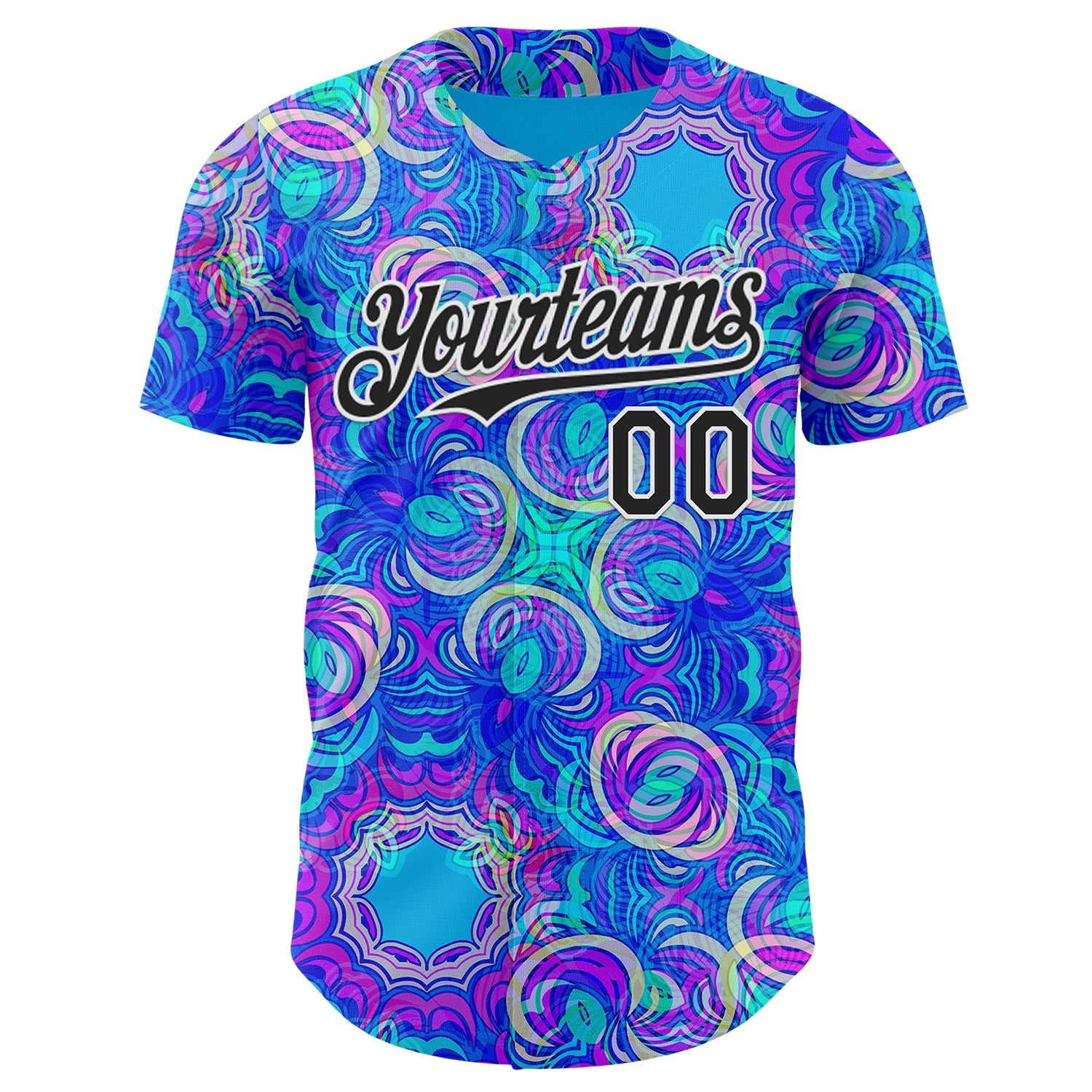 Custom Blue Black-White Psychedelic Trippy Neon Swirl Authentic Baseball Jersey view 2