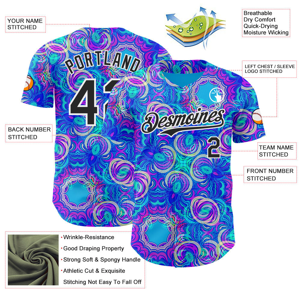 Custom Blue Black-White Psychedelic Trippy Neon Swirl Authentic Baseball Jersey view 3