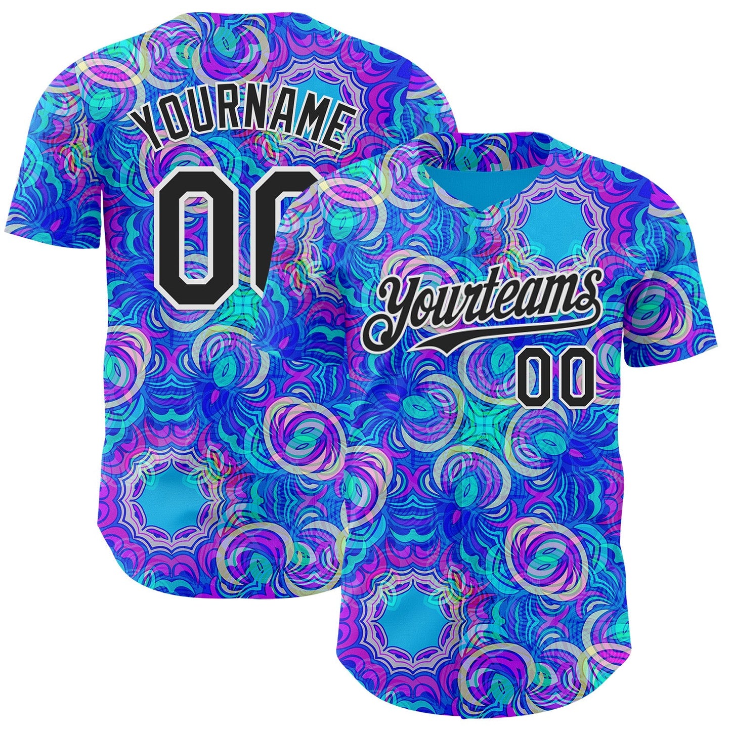 Custom Blue Black-White Psychedelic Trippy Neon Swirl Authentic Baseball Jersey - Main View