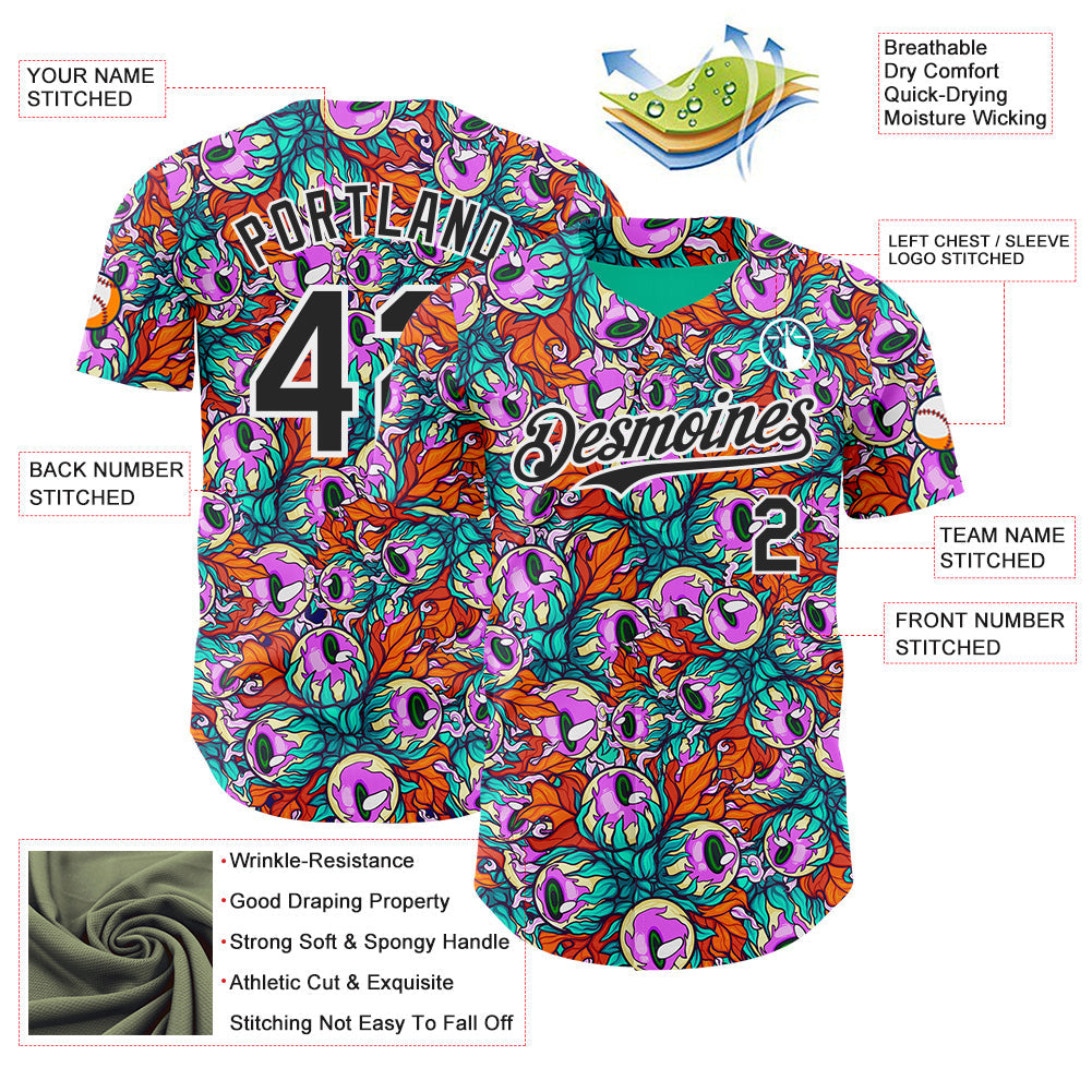 Custom Green Black-White Psychedelic Trippy Alien Flora Authentic Baseball Jersey view 3