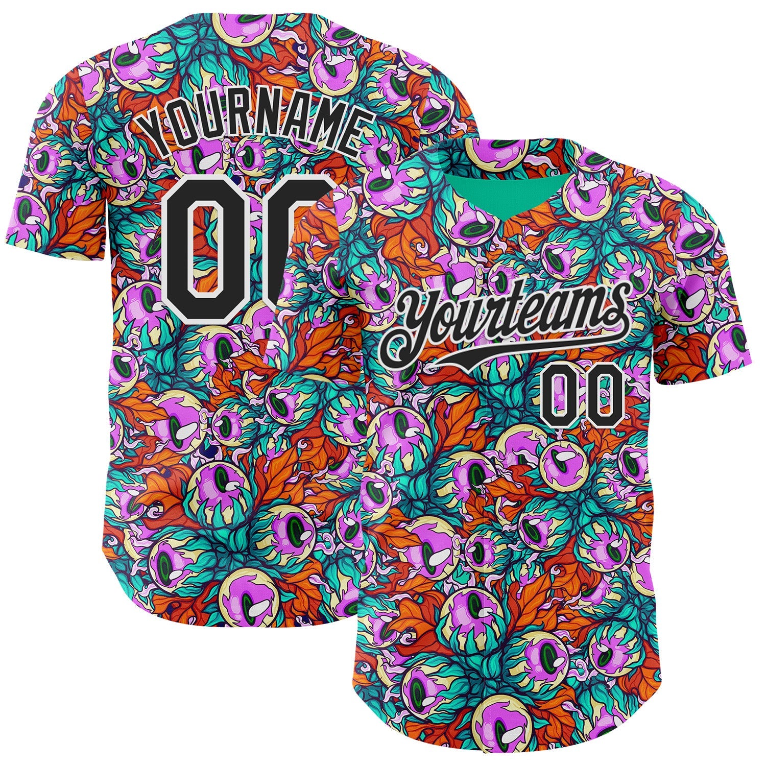 Custom Green Black-White Psychedelic Trippy Alien Flora Authentic Baseball Jersey - Main View
